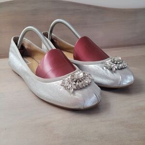 Badgley Mischka Women's Jewel Embellished Leather Ballet Flats 10 Silver Wedding
